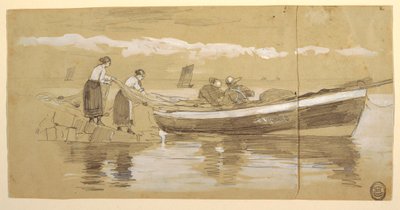 Zeichnung, Fischer und Frauen verstauen Netze in einem gestrandeten Dory, Cullercoats, England von Winslow Homer